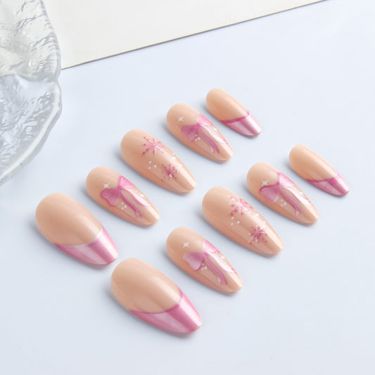 Charming Elegance Medium Almond Beige and Pink Nail Set with Beautiful Bow and Glitter Design