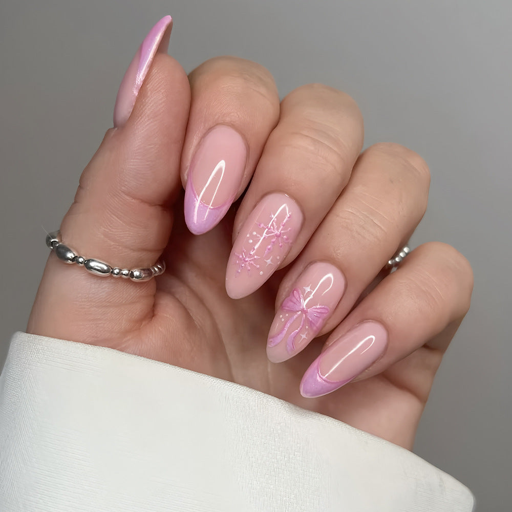 Whimsical Dreams Medium Almond Pink Ombré with Delicate Floral Accents Press-On Nail Set