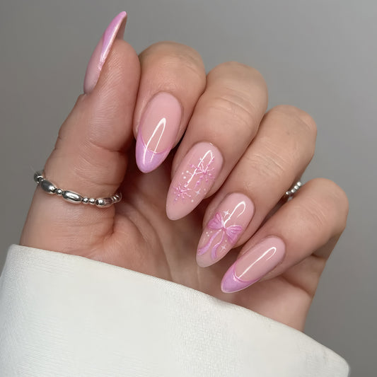 Whimsical Dreams Medium Almond Pink Ombré with Delicate Floral Accents Press-On Nail Set