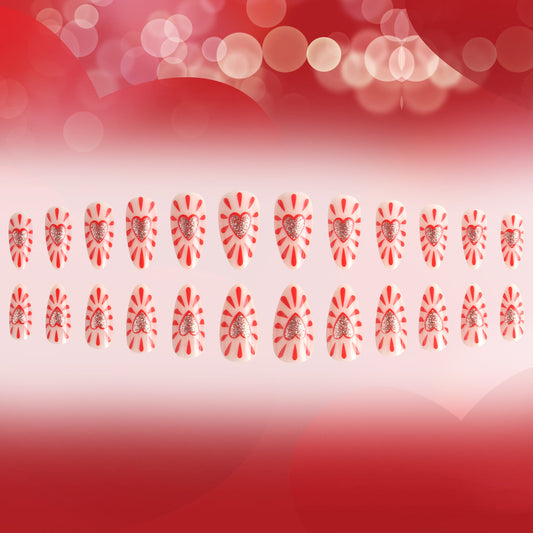 Romantic Love Theme Short Almond Shaped White and Red Heart Design with Sparkling Gems Press On Nail Set