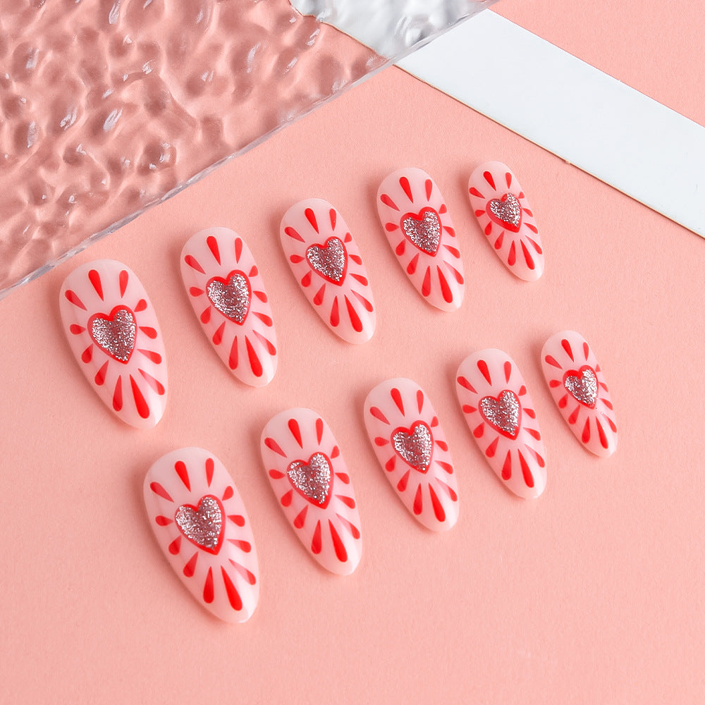 Charming Romance Short Almond Pink with Red Hearts and Glitter Accents Press On Nail Set