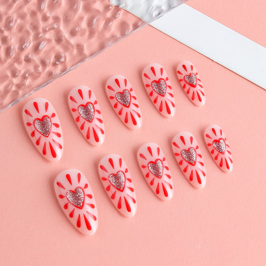 Charming Romance Short Almond Pink with Red Hearts and Glitter Accents Press On Nail Set