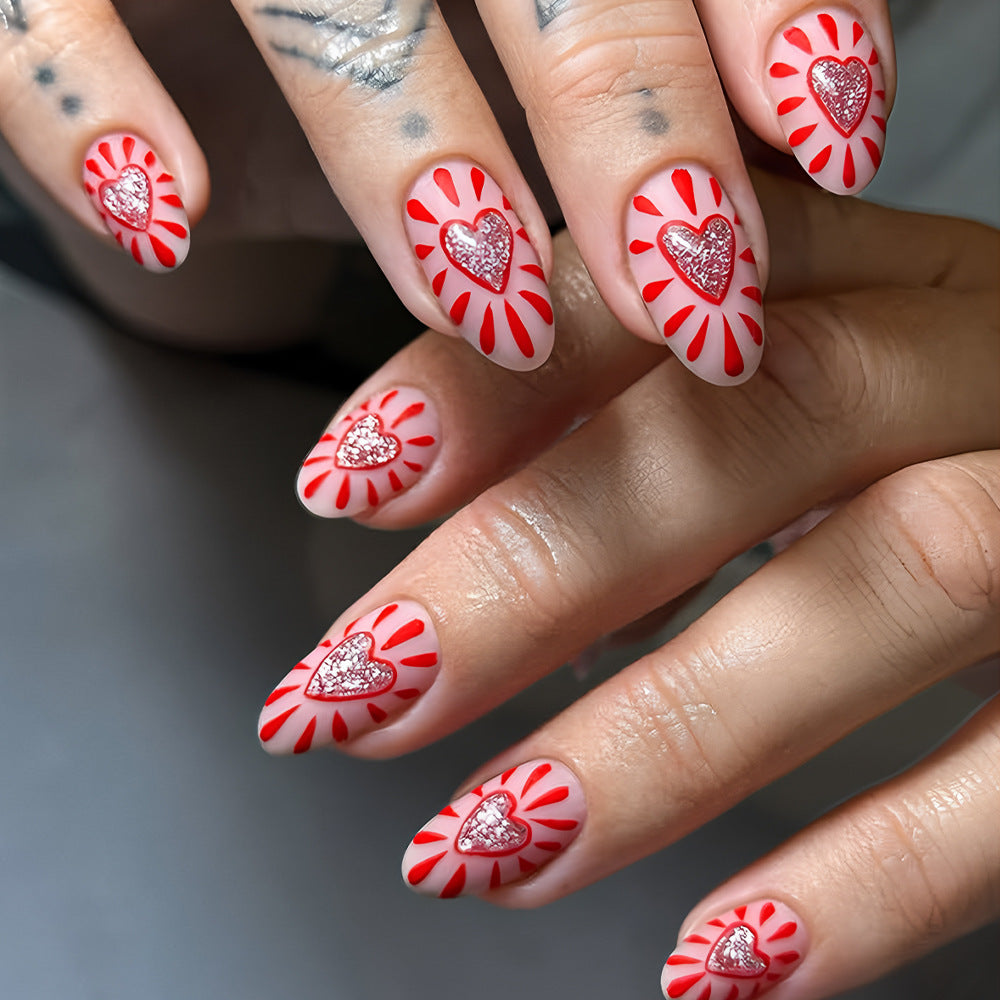 Love Struck Short Almond Red Sparkling Heart Press-On Nail Set