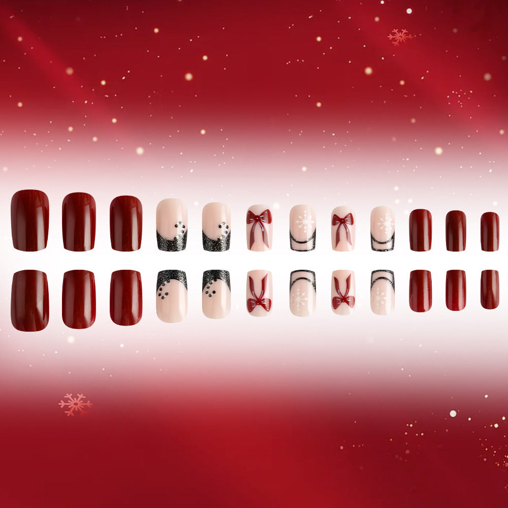 Festive Glamour Medium Square Burgundy Press On Nail Set with Elegant Bow and Glitter Accents