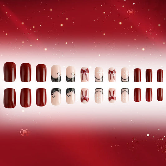Festive Glamour Medium Square Burgundy Press On Nail Set with Elegant Bow and Glitter Accents