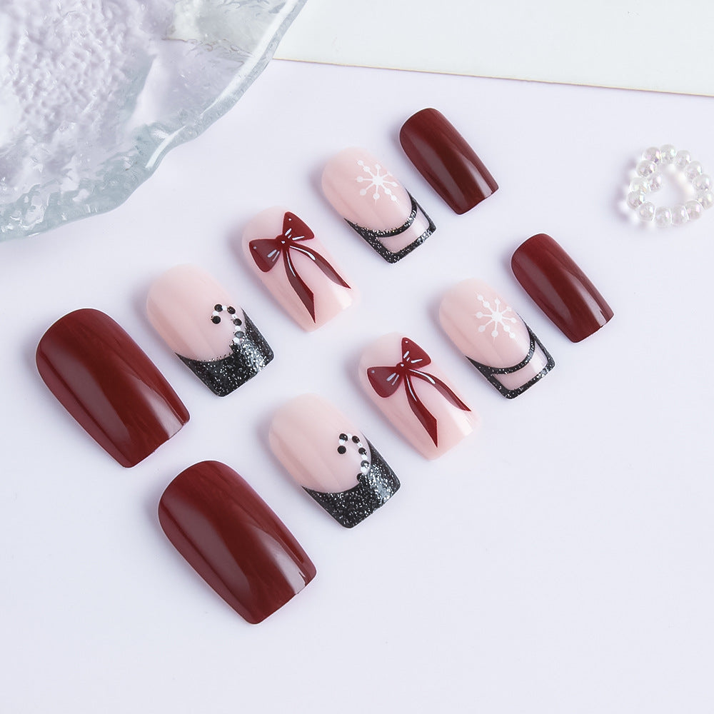 Festive Elegance Medium Square Burgundy and Pink Glittery Bow Nail Set
