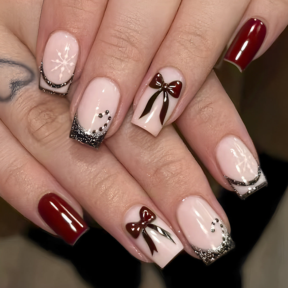 Festive Elegance Medium Square Red and Beige with Glittering Holiday Bows Press-On Nail Set