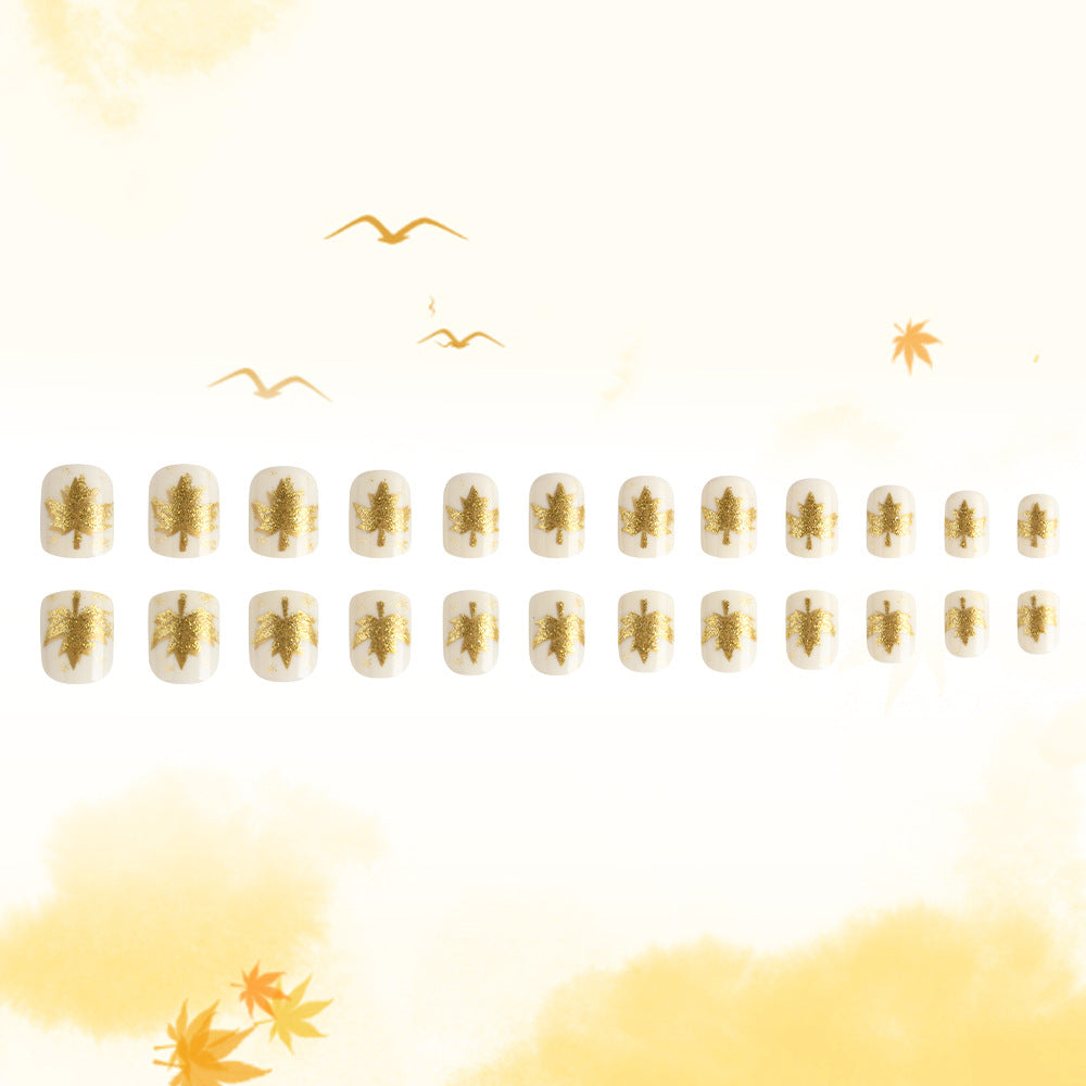 Autumn Elegance Short Square Ivory with Gold Leaf Detailing Press On Nail Set