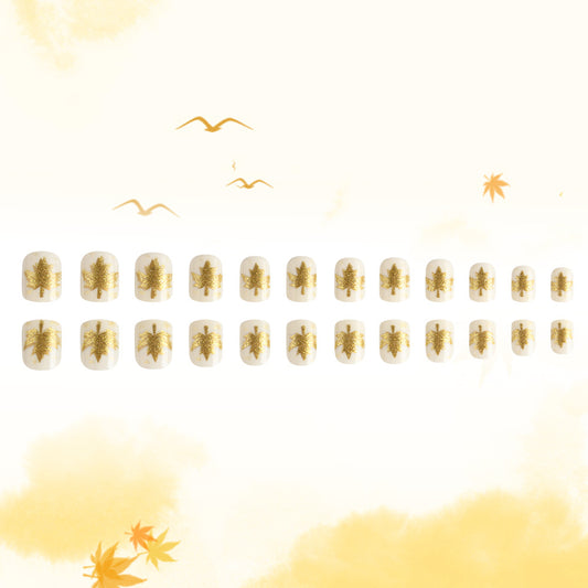 Autumn Elegance Short Square Ivory with Gold Leaf Detailing Press On Nail Set