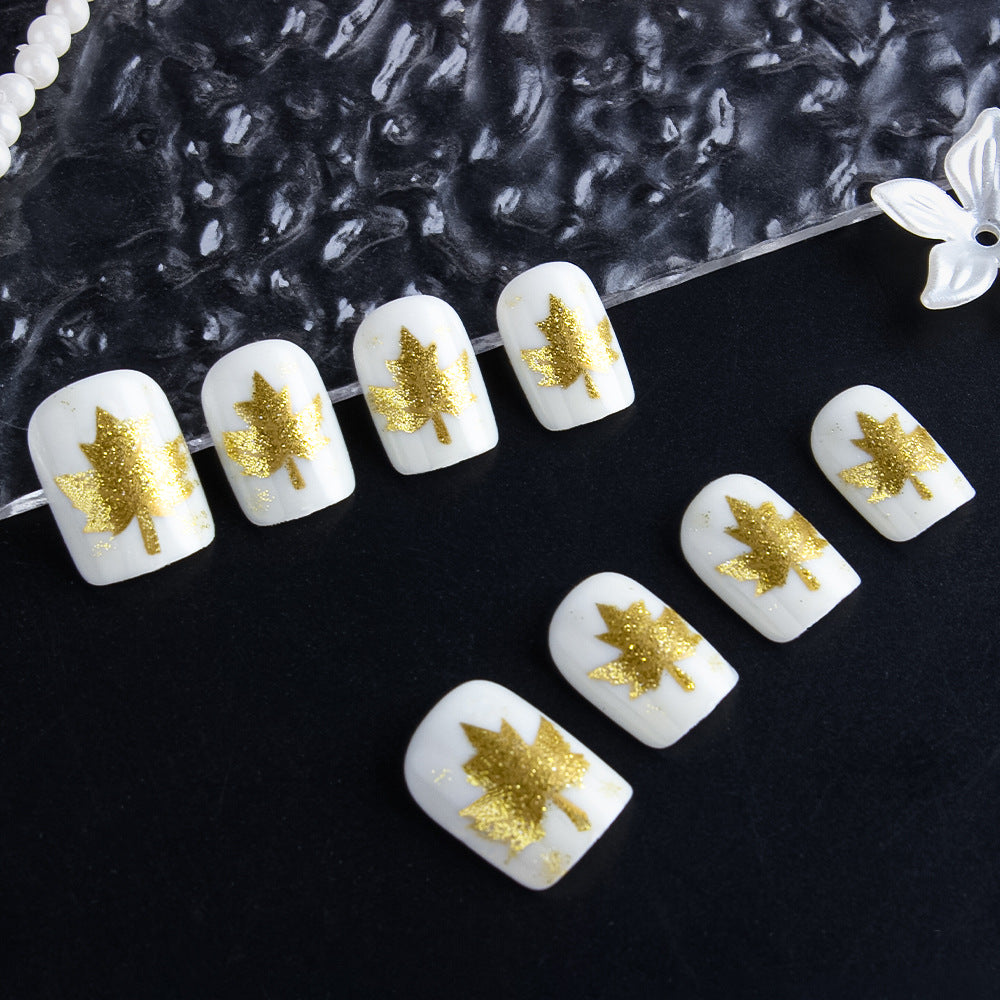 Golden Autumn Elegance Short Square White Press On Nail Set with Glittering Leaf Design