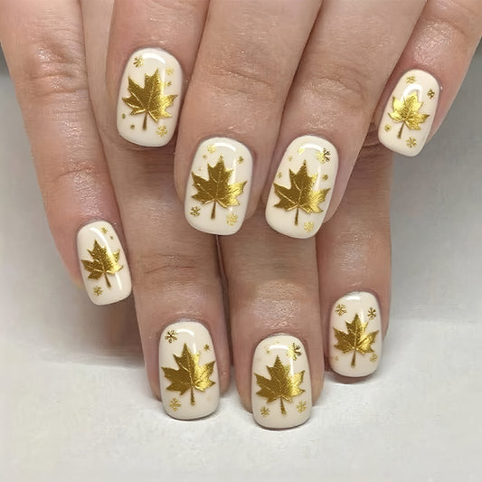 Autumn Elegance Cream Short Square Press On Nail Set with Gold Leaf Accents and Glittering Details