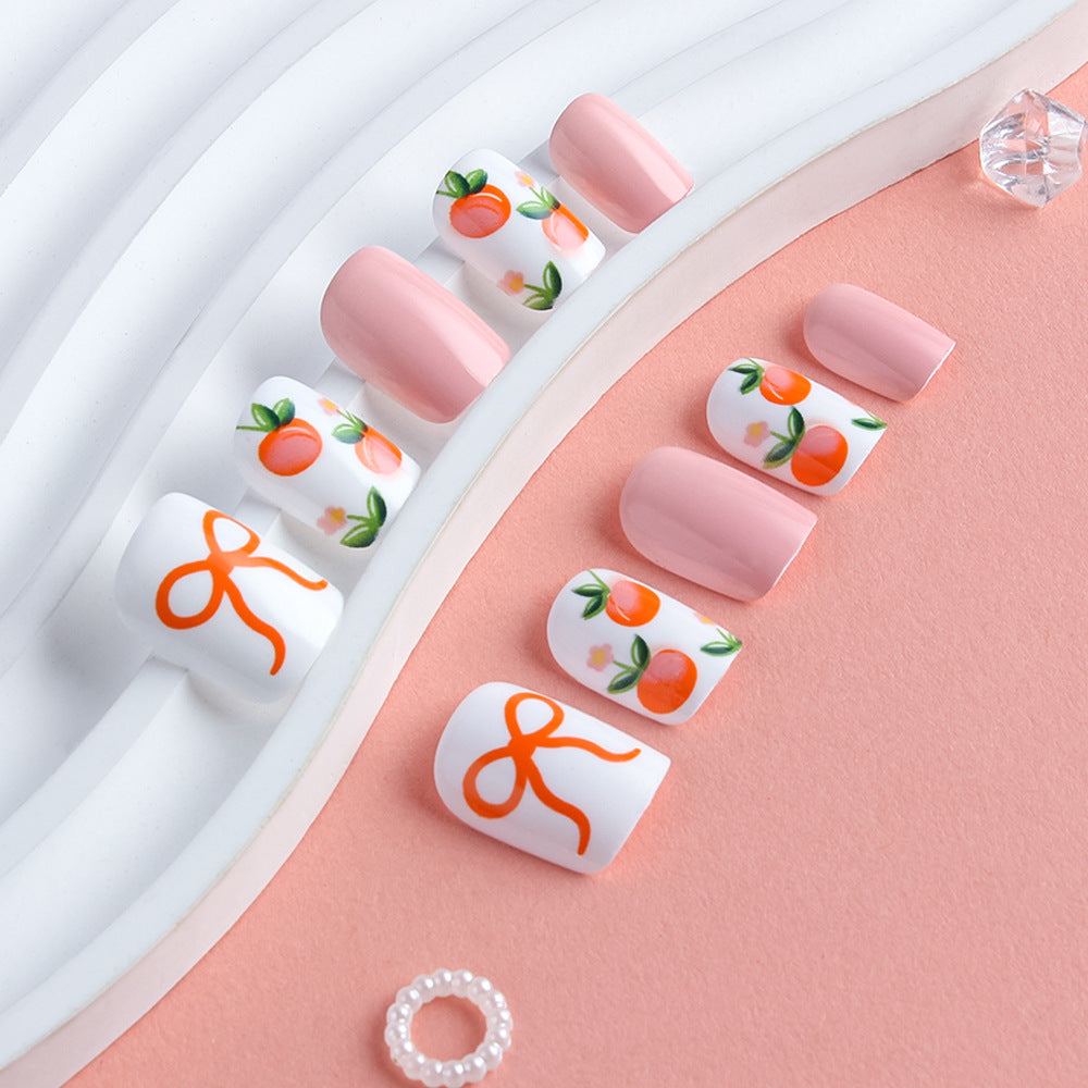Citrus Delight Short Square Pink and White Press-On Nail Set with Playful Fruit Design