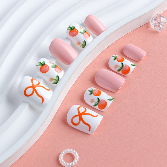 Citrus Delight Short Square Pink and White Press-On Nail Set with Playful Fruit Design