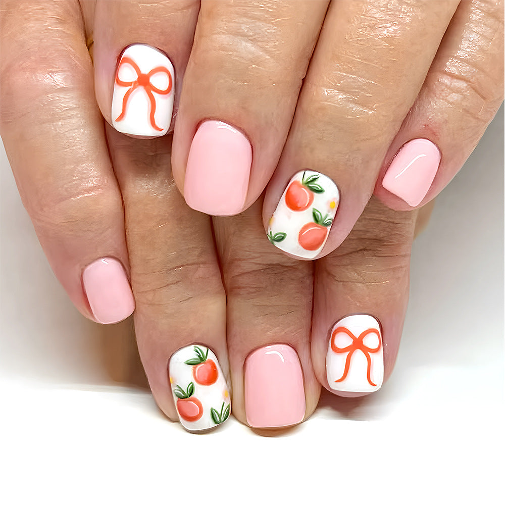 Citrus Blossom Short Square Pink Orange Floral Bow Press On Nail Set