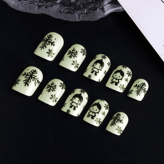 Winter Wonderland Short Square Mint Green Snowflake and Character Press-on Nail Set