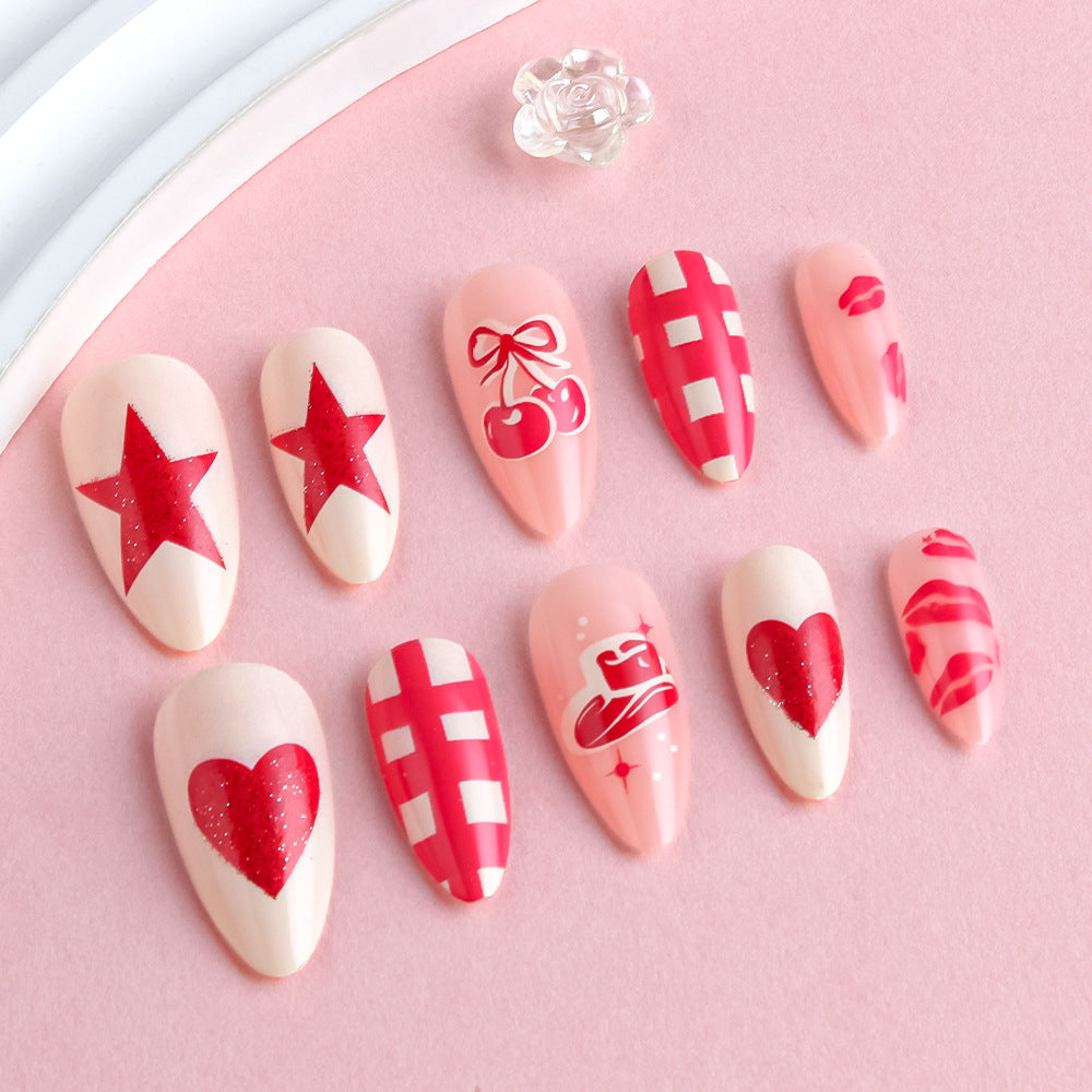 Romantic Charm Medium Almond Pink Nails with Stars and Hearts Design