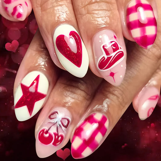 Romantic Hearts Themed Medium Almond Pink and Red Press On Nail Set with Glitter and Fun Designs
