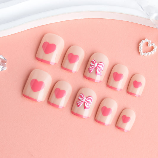 Charming Romance Short Square Pink Heart and Bow Press On Nail Set
