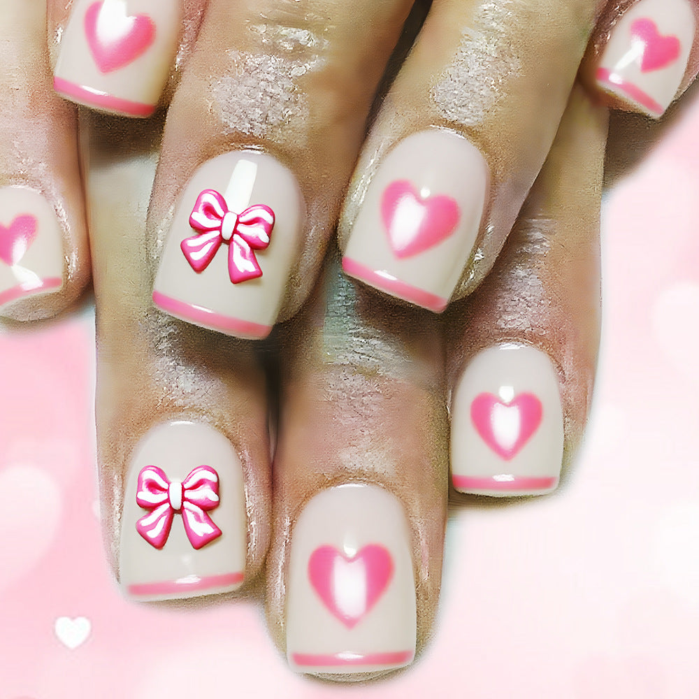Charming Love Theme Short Square Pink Glossy Floral Press On Nail Set