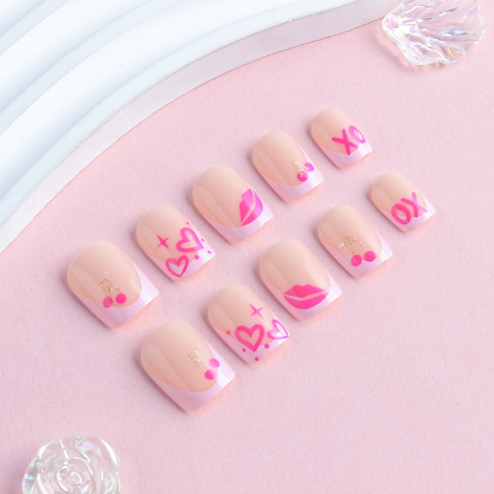 Love Potion Short Square Press On Nail Set in Soft Pink with Playful Kiss and Heart Designs