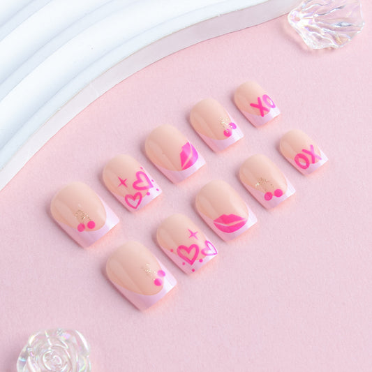 Love Potion Short Square Press On Nail Set in Soft Pink with Playful Kiss and Heart Designs