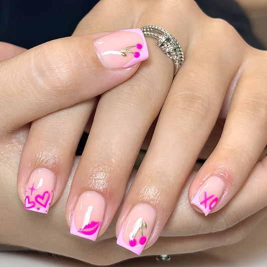 Charming Blossom Short Square Press On Nail Set in Soft Pink with Eye-Catching Pink and Gold Designs