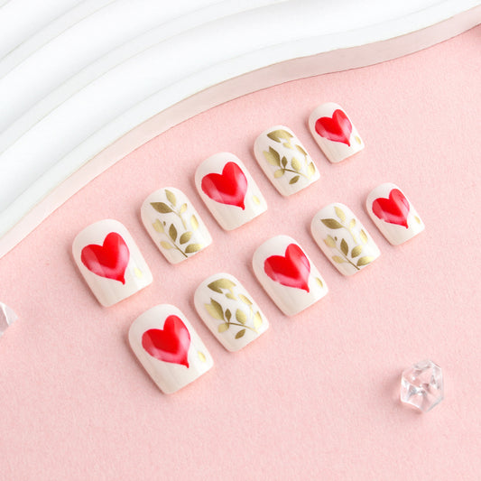 Romantic Elegance Short Square Almond White with Red Hearts and Gold Leaf Accents Press-On Nail Set