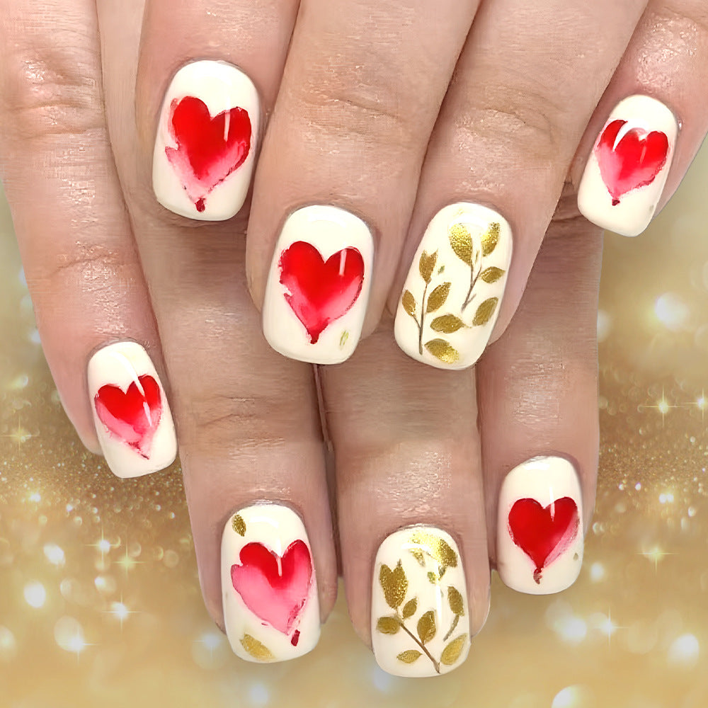 Romantic Heart Shaped Short Square Glossy Red and Gold Leaf Press-On Nail Set