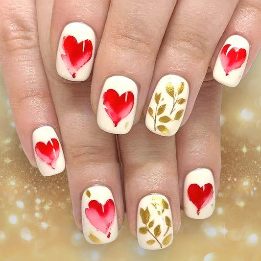 Romantic Heart Shaped Short Square Glossy Red and Gold Leaf Press-On Nail Set