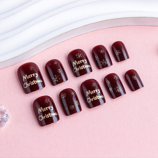 Festive Winter Wonderland Short Square Dark Red Press On Nail Set with Glittery Merry Christmas Design