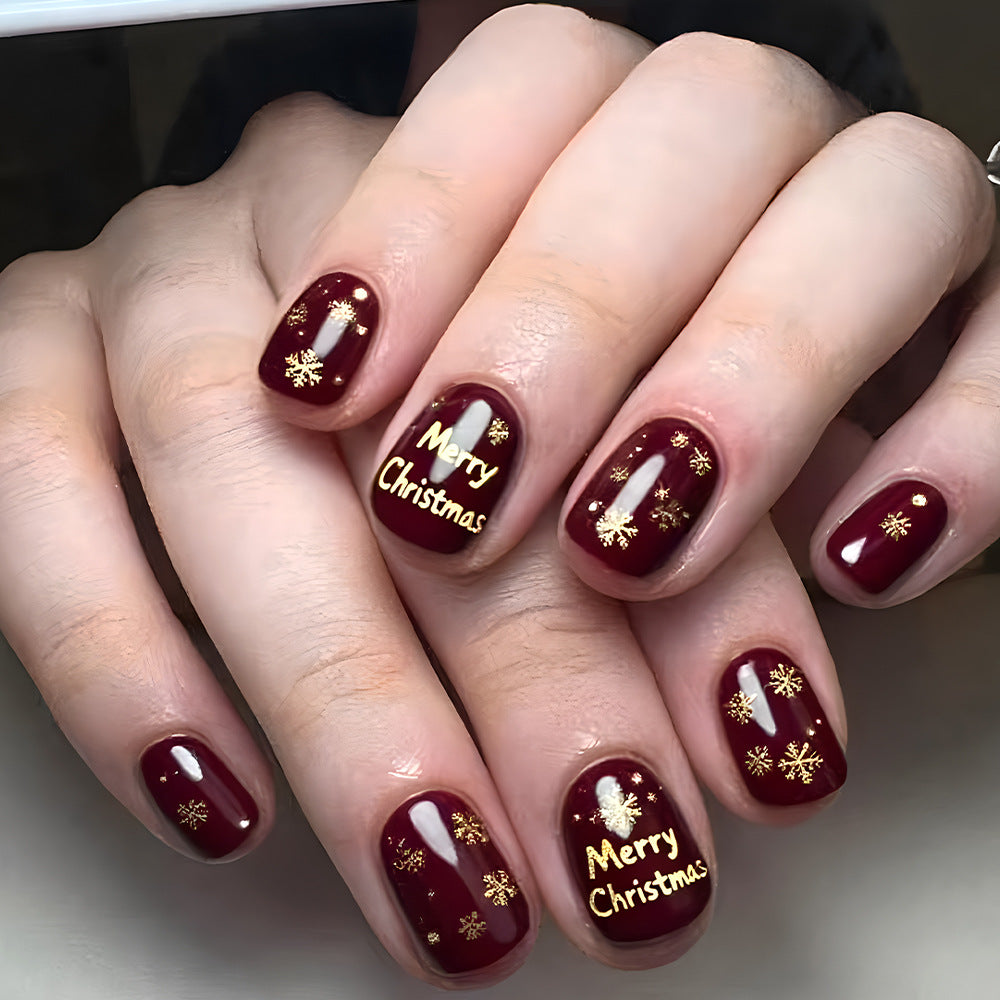 Festive Elegance Burgundy Short Squoval Press On Nail Set with Golden Holiday Designs
