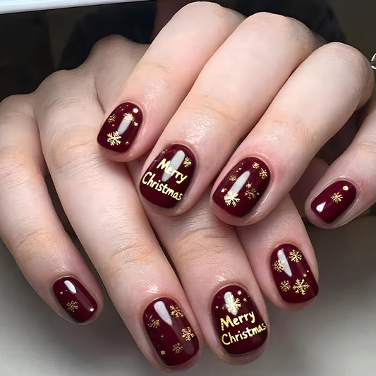 Festive Elegance Burgundy Short Squoval Press On Nail Set with Golden Holiday Designs