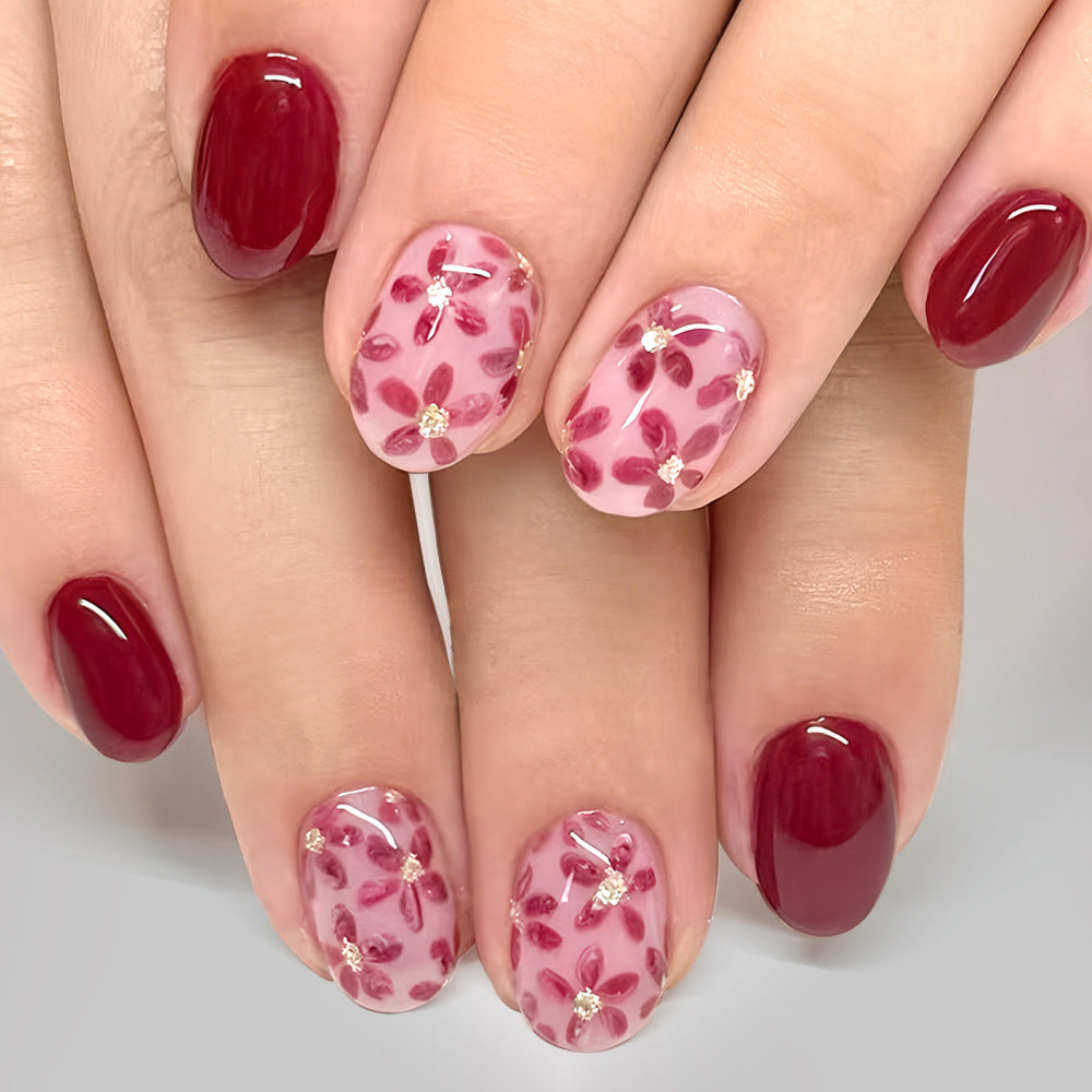 Enchanted Garden Elegant Medium Oval Burgundy and Blush Floral Press on Nail Set with Gemstone Accents
