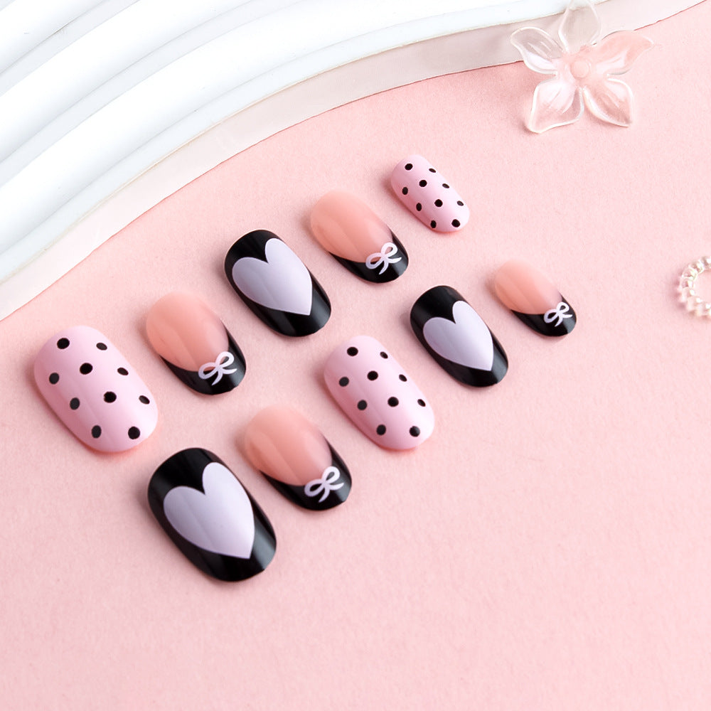 Charming Love Bliss Medium Oval Black and Pink Heart Print with Delicate Bow Press On Nail Set