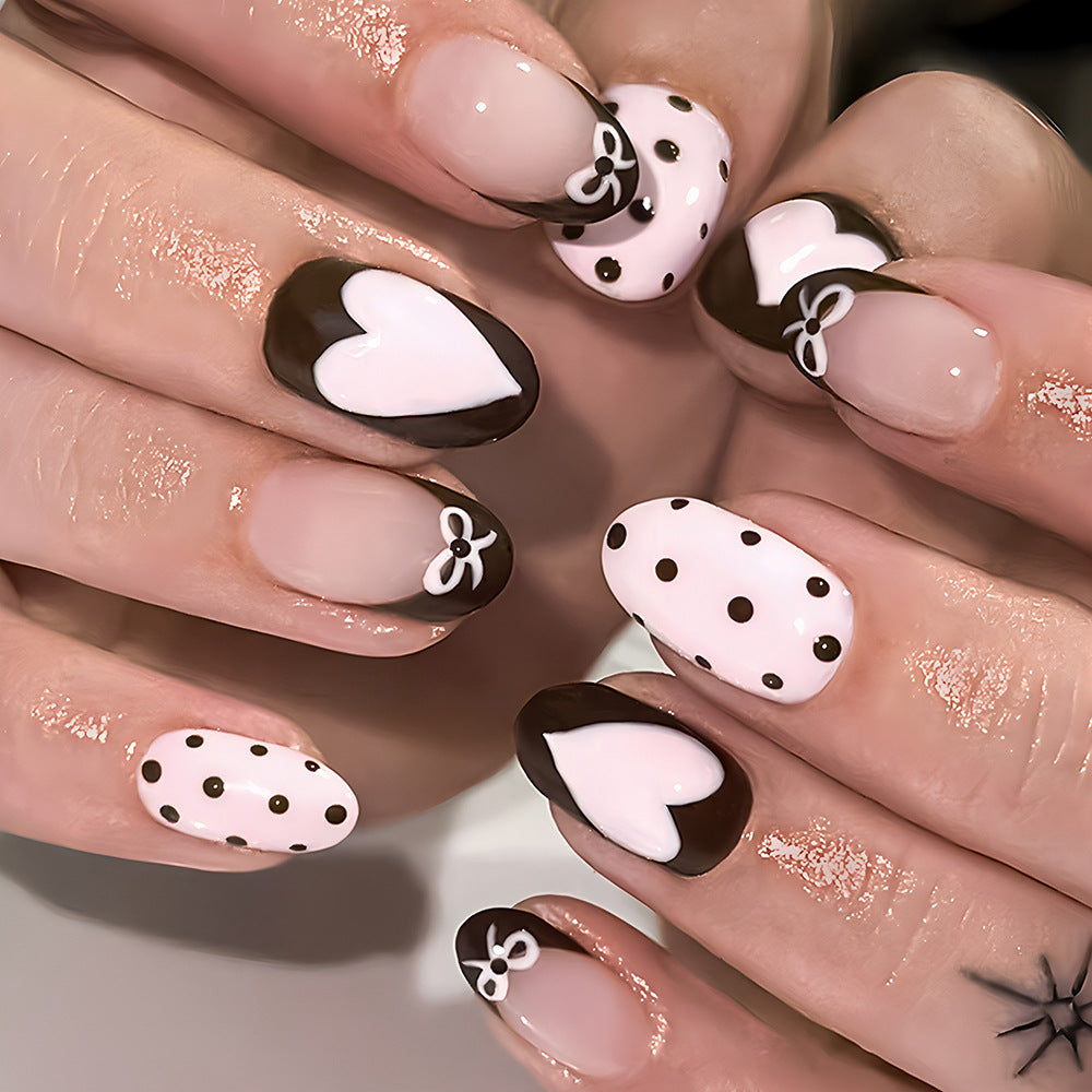 Charming Sweetheart Press-On Nail Set Medium Oval Shaped Brown and Pink with Cute Bow Accents