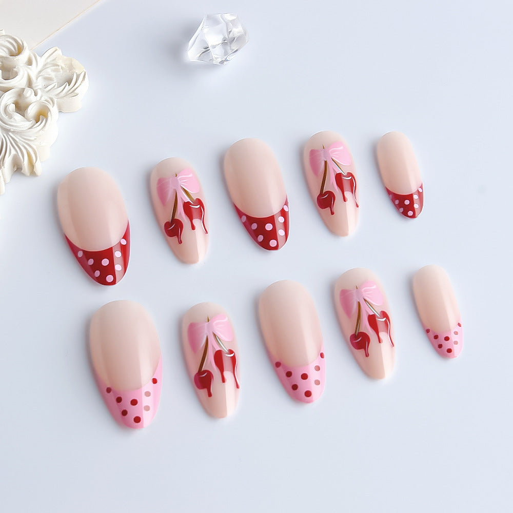 Cherry Blossom Delight Medium Almond Shaped Blush Pink with Red Polka Dots and Cherry Design Press On Nail Set