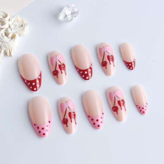 Cherry Blossom Delight Medium Almond Shaped Blush Pink with Red Polka Dots and Cherry Design Press On Nail Set