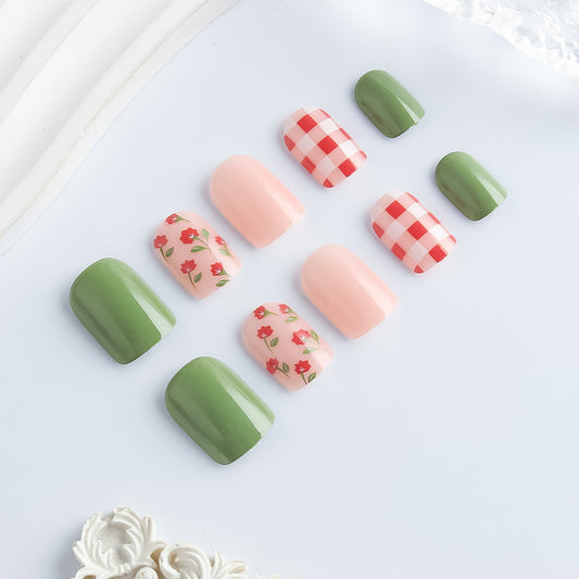 Charming Garden Vibes Short Square Green and Pink Floral Checkerboard Press On Nail Set