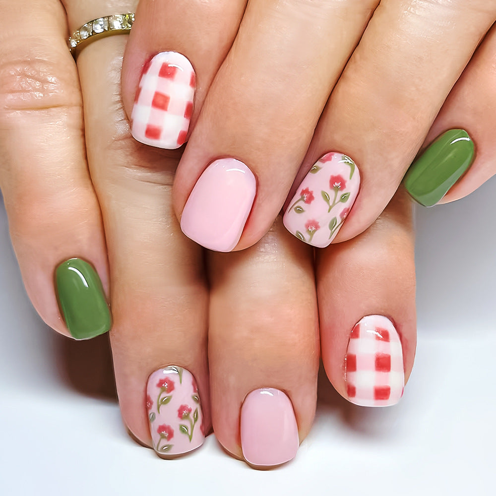 Blossoming Garden Press on Nail Set Short Square Mint Green Pink Floral and Checkered Design