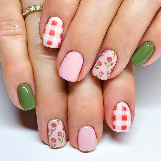 Blossoming Garden Press on Nail Set Short Square Mint Green Pink Floral and Checkered Design