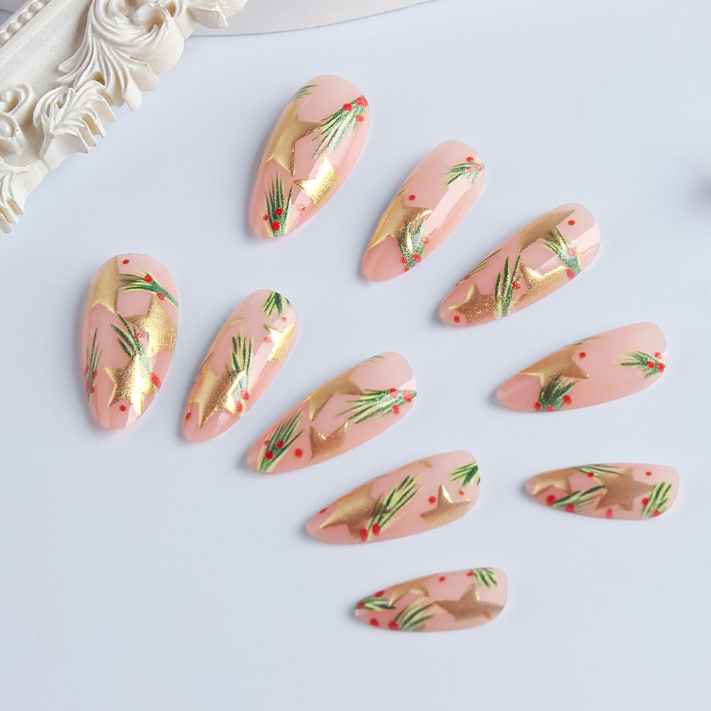 Festive Elegance Long Almond Pink with Gold Stars and Green Accents Press On Nail Set