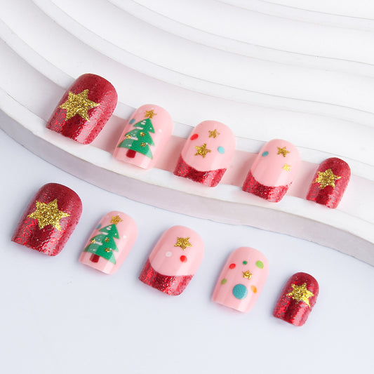 Festive Cheer Medium Square Pink and Red Glitter Press On Nail Set with Star and Tree Designs