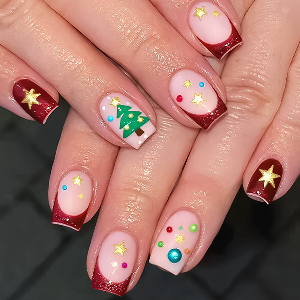 Festive Glamour Medium Square Red with Glitter and Holiday-themed Art Press-On Nail Set