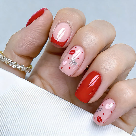 Romantic Elegance Medium Square Red and Pink Press-On Nail Set with Charming Love-Themed Design