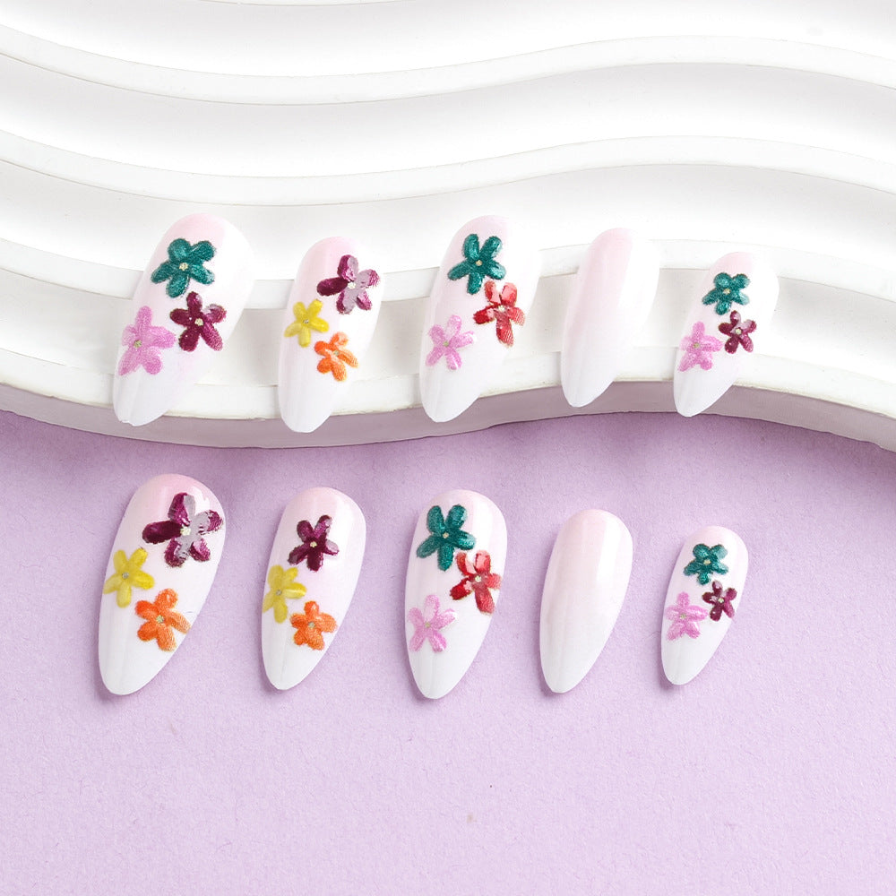 Floral Fantasy Long Almond Pastel White Press On Nail Set with Vibrant Flower Embellishments