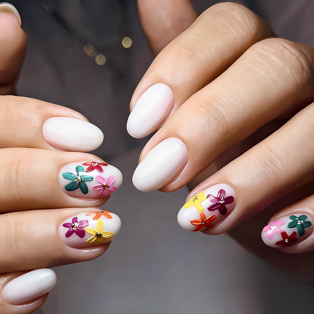 Floral Fantasy Short Oval White Press On Nail Set with Vibrant Flower Designs