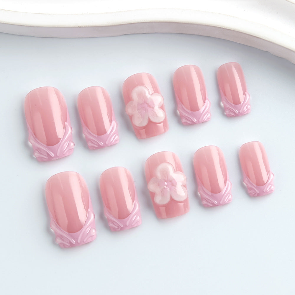Garden Bliss Elegant Medium Square Pink Press-On Nail Set with Charming Floral Accents