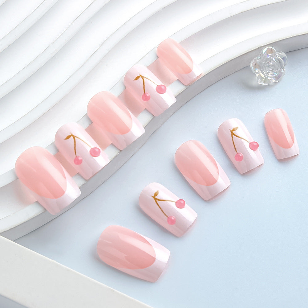 Cherry Blossom Bliss Press-On Nail Set Medium Square Shaped Soft Pink with Charming Cherry Design