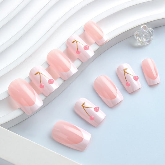 Cherry Blossom Bliss Press-On Nail Set Medium Square Shaped Soft Pink with Charming Cherry Design