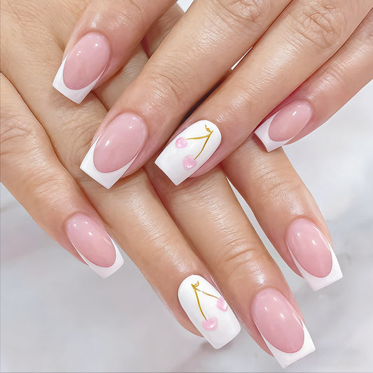 Charming Blossom Medium Square Press On Nails in Soft Pink and White with Elegant Cherry Blossom Accent